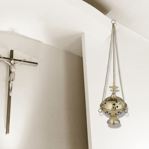 Brass Hanging Censer Incense Burner with Cross, 12 Inch Chain R441