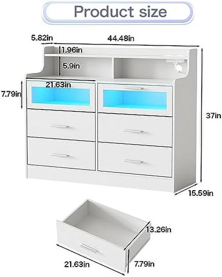 White 6 Drawer Wood Dresser with Charging Station Y210