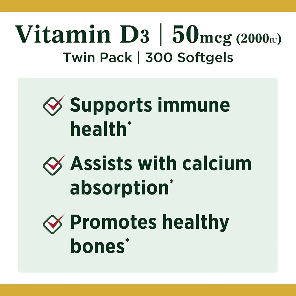 Vitamin D3 Softgels, 50 mcg, 2000 IU, 150 Ct, 2 Pack W772
