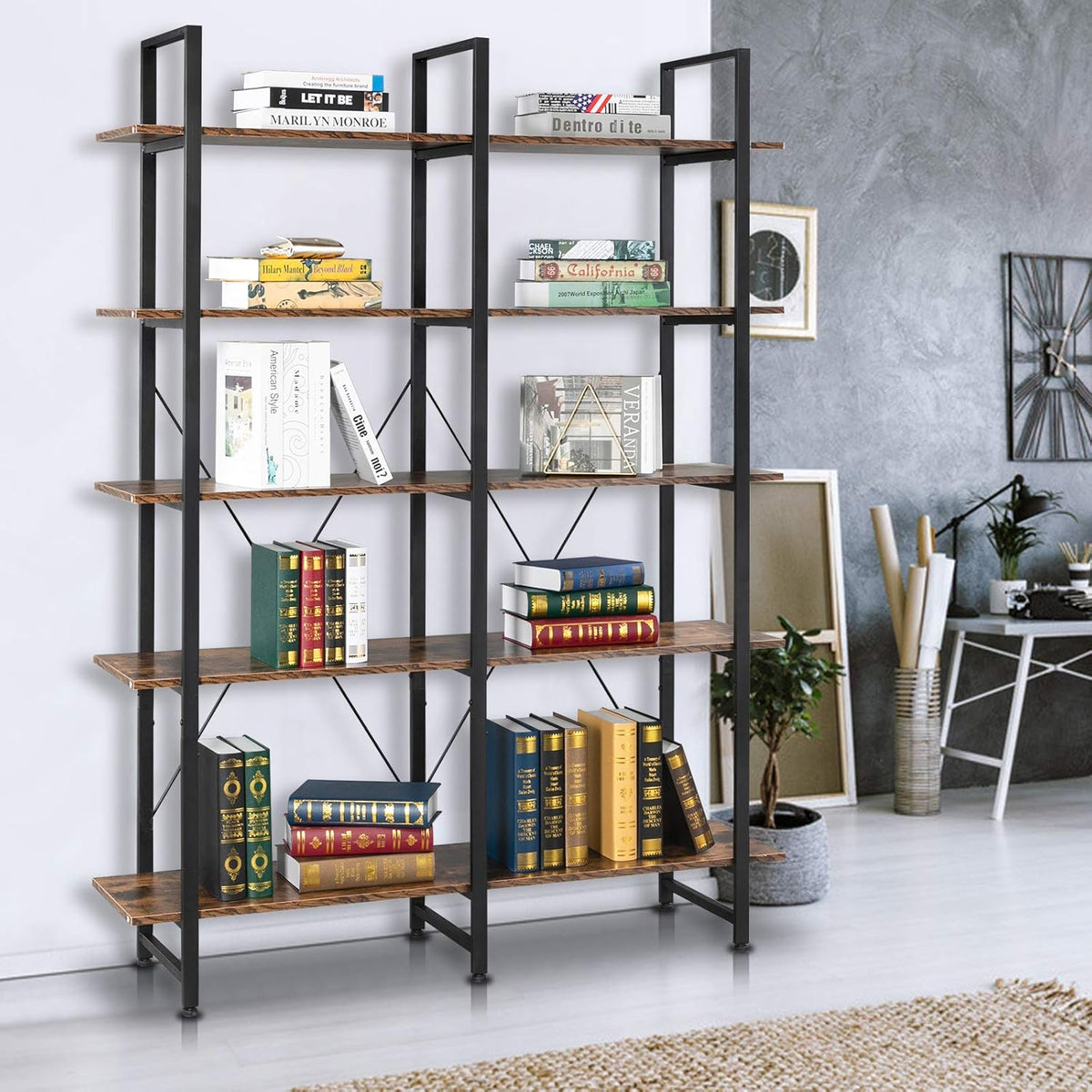 5 Tier Rustic Wood and Metal Bookshelf P826755