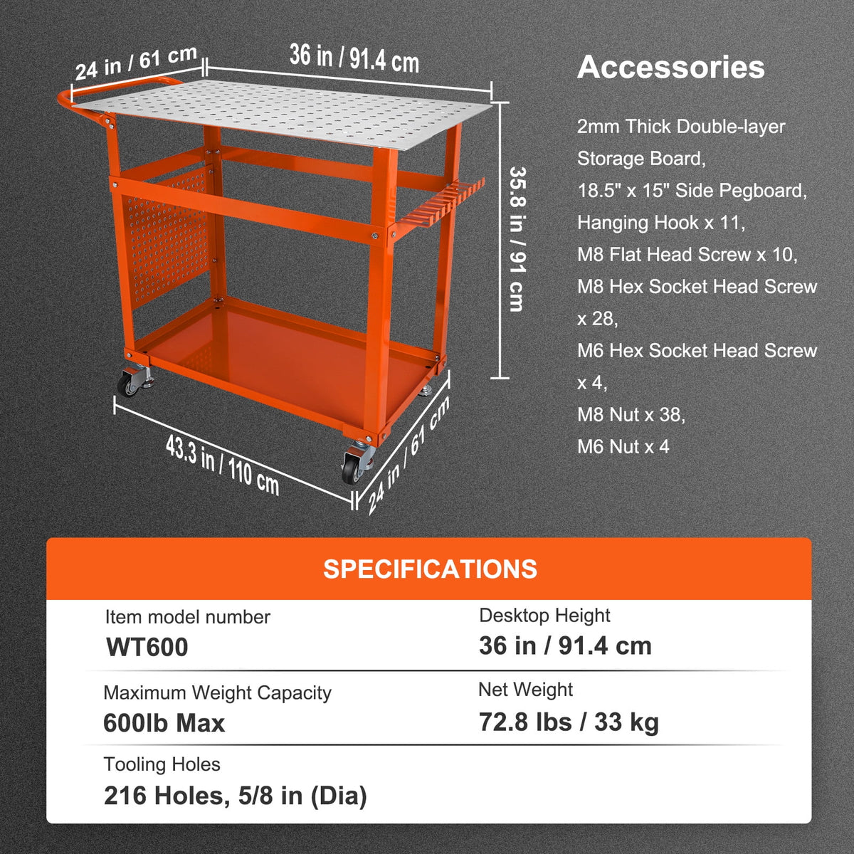 36 x 24 Welding Table with 5/8 Holes, 600lbs Load Capacity G137