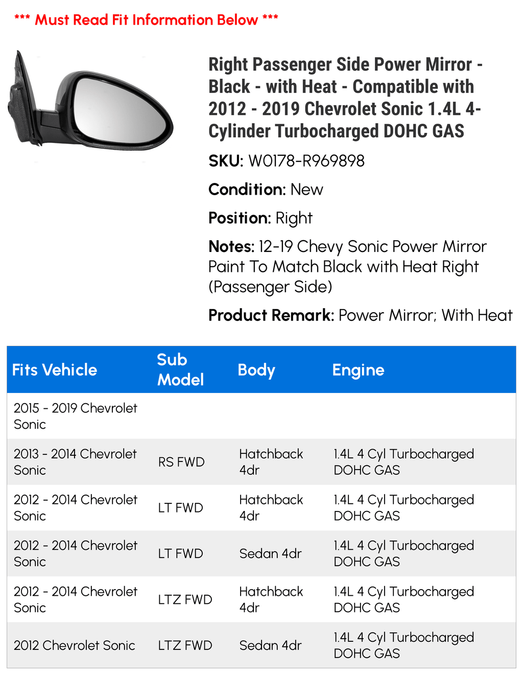 Right Passenger Side Power Mirror with Heat U3723
