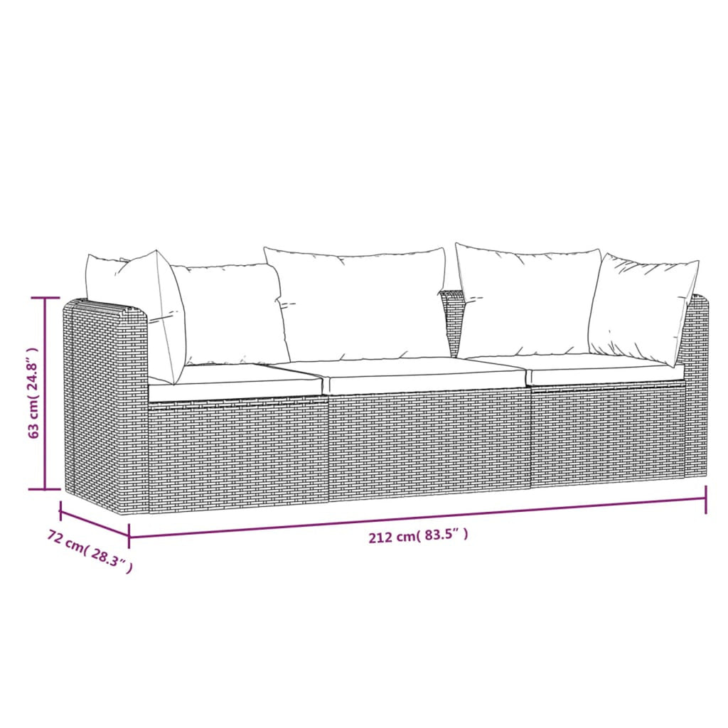 Black Poly Rattan 3 Piece Patio Sofa Set with Cushions H6145