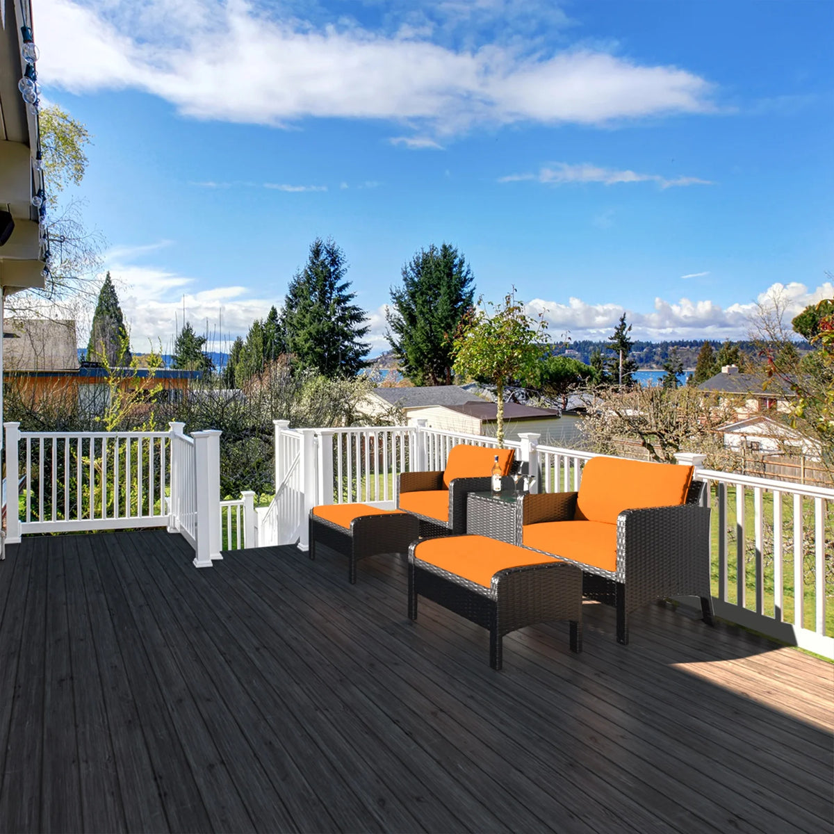 5 Piece Outdoor Rattan Wicker Patio Furniture Set with Ottoman and Coffee Table A146473