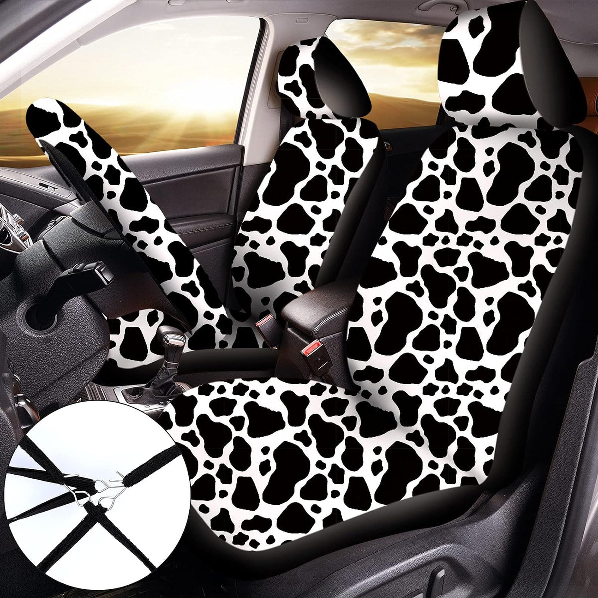 15 Pieces Cow Print Car Seat Covers Full Set I400054