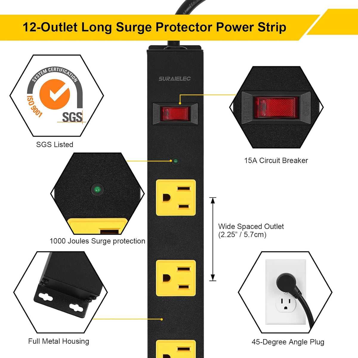 2-Pack 12 Outlet Metal Power Strip with 15 FT Cord Surge Protector Y151216