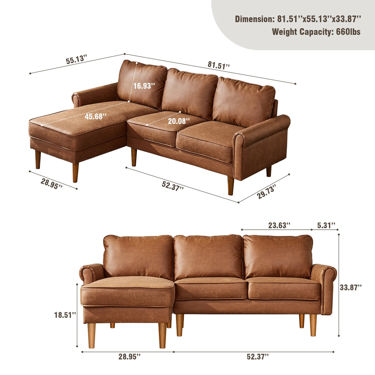 81.50" Wide L-Shaped Suede Fabric Light Brown Sectional Sofa H99029