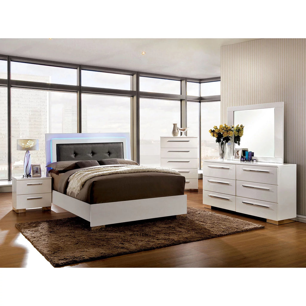 White Glossy Eastern King Size Bed Dresser Mirror Nightstand 4p Set E169