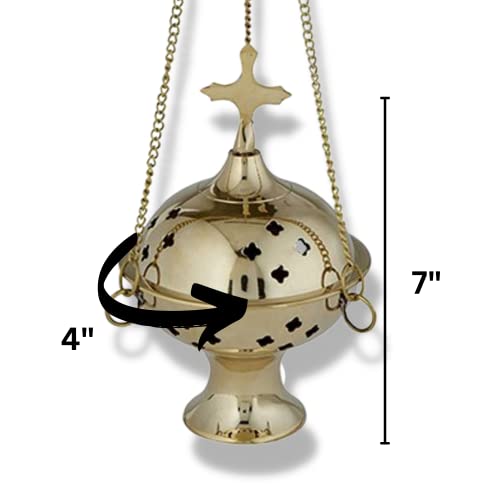 Brass Hanging Censer Incense Burner with Cross, 12 Inch Chain R441