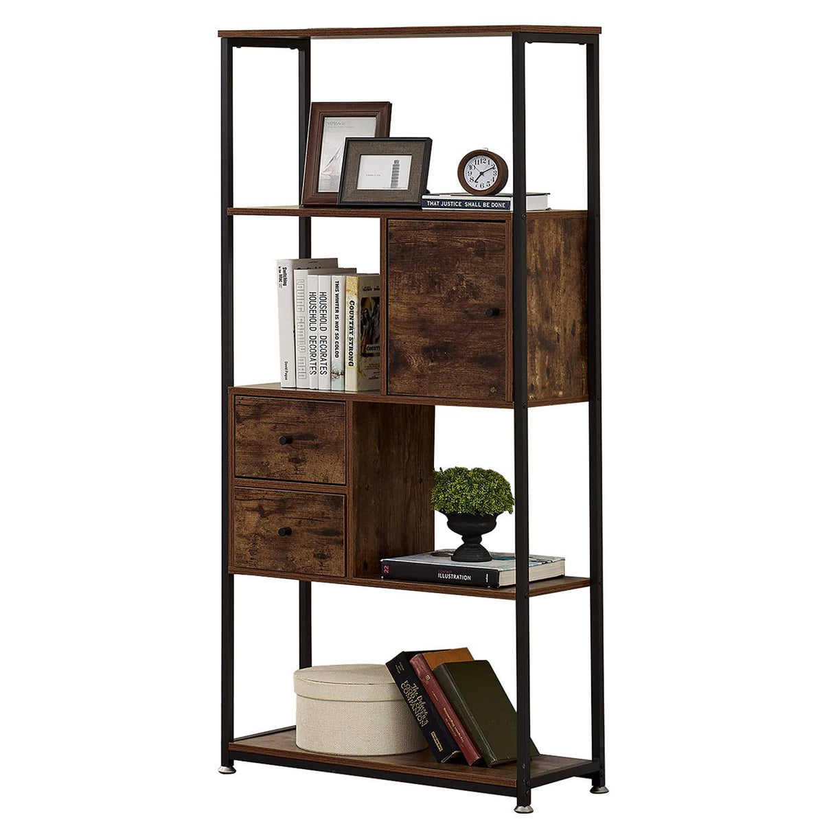 Brown 4-Tier Bookshelf with Drawers P9093
