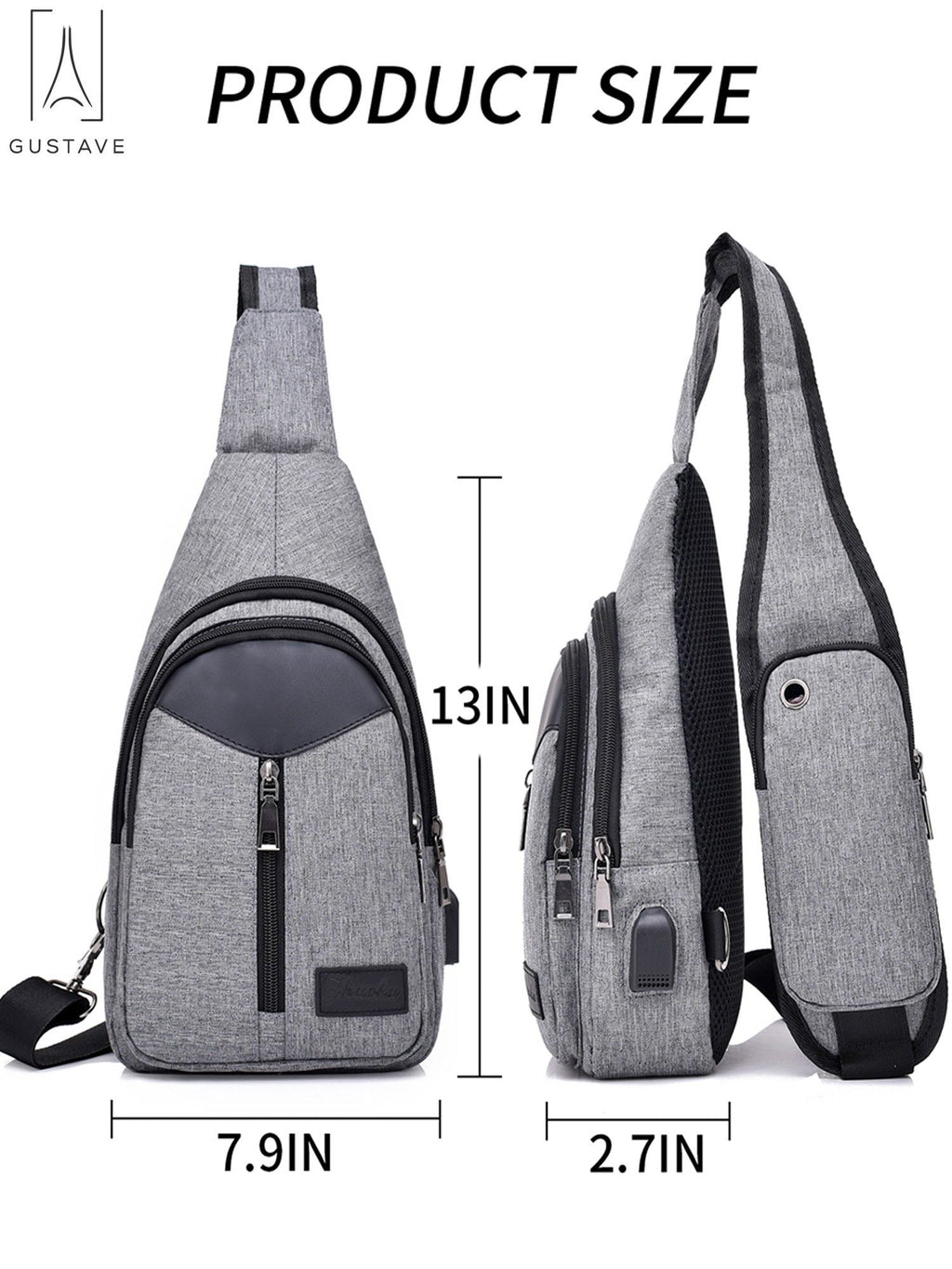 Black Nylon Chest Sling Bag with USB Charge Port U375525