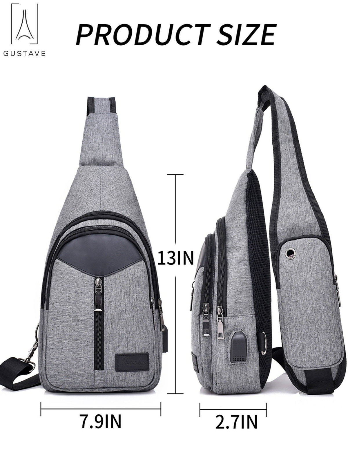 Black Nylon Chest Sling Bag with USB Charge Port U375525