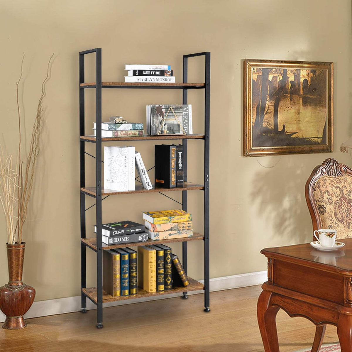 5 Tier Rustic Wood and Metal Bookshelf P826755