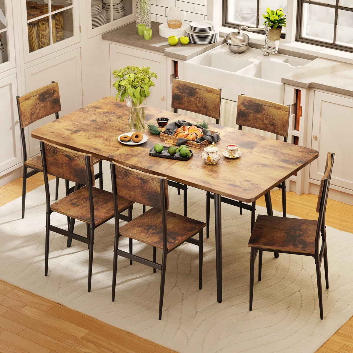 Extendable Kitchen Table Set for 4-6 People, 7-Piece Dining Table Set With 6 Chairs L51246