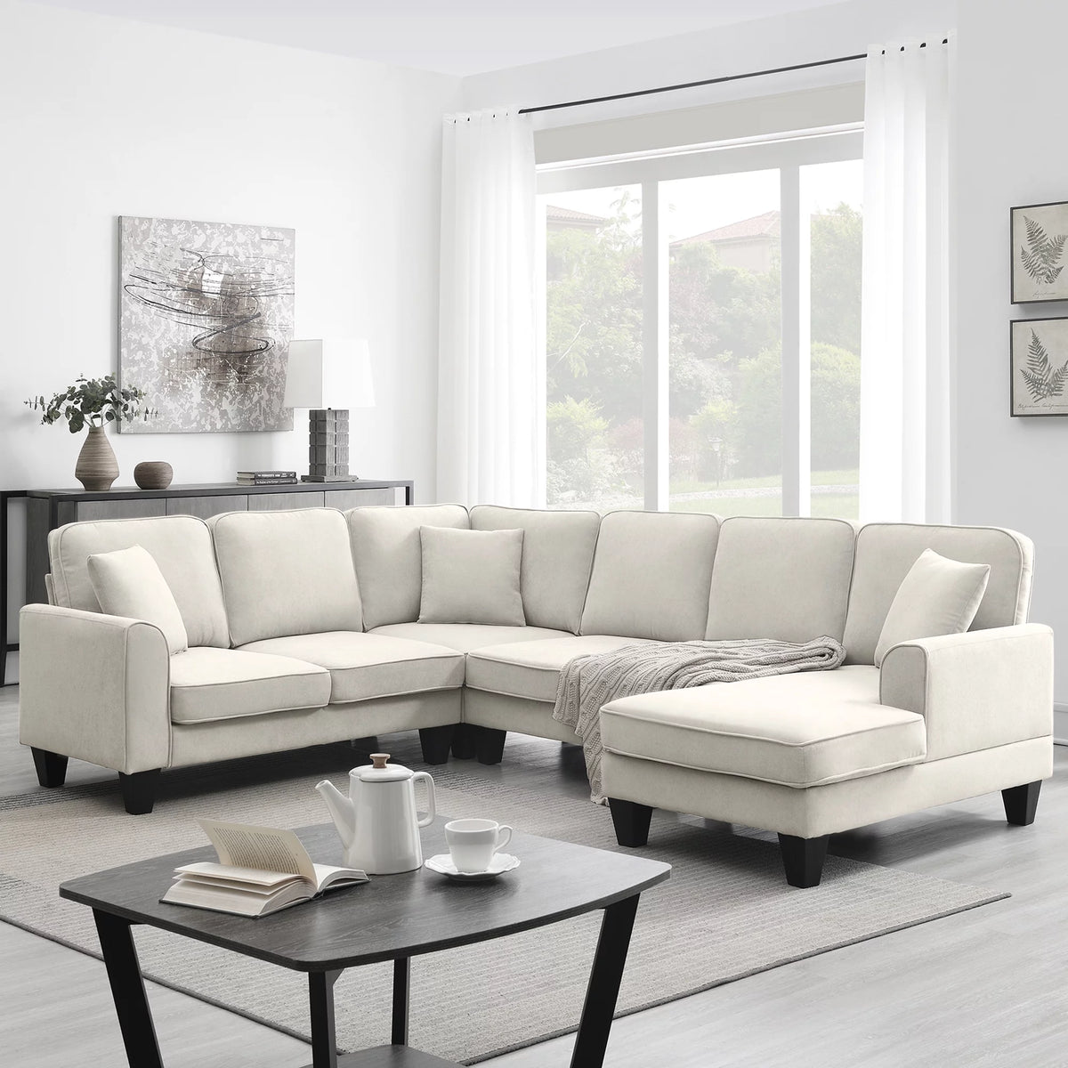 Beige U-Shaped 7-Seater Sectional Couch with Chaise B138291