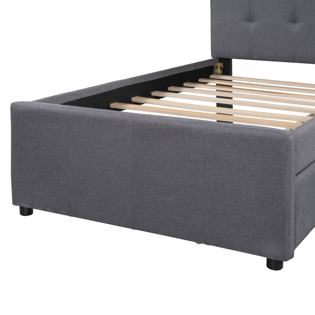 Gray Upholstered Twin Size Platform Bed with 2 Storage Drawers N658