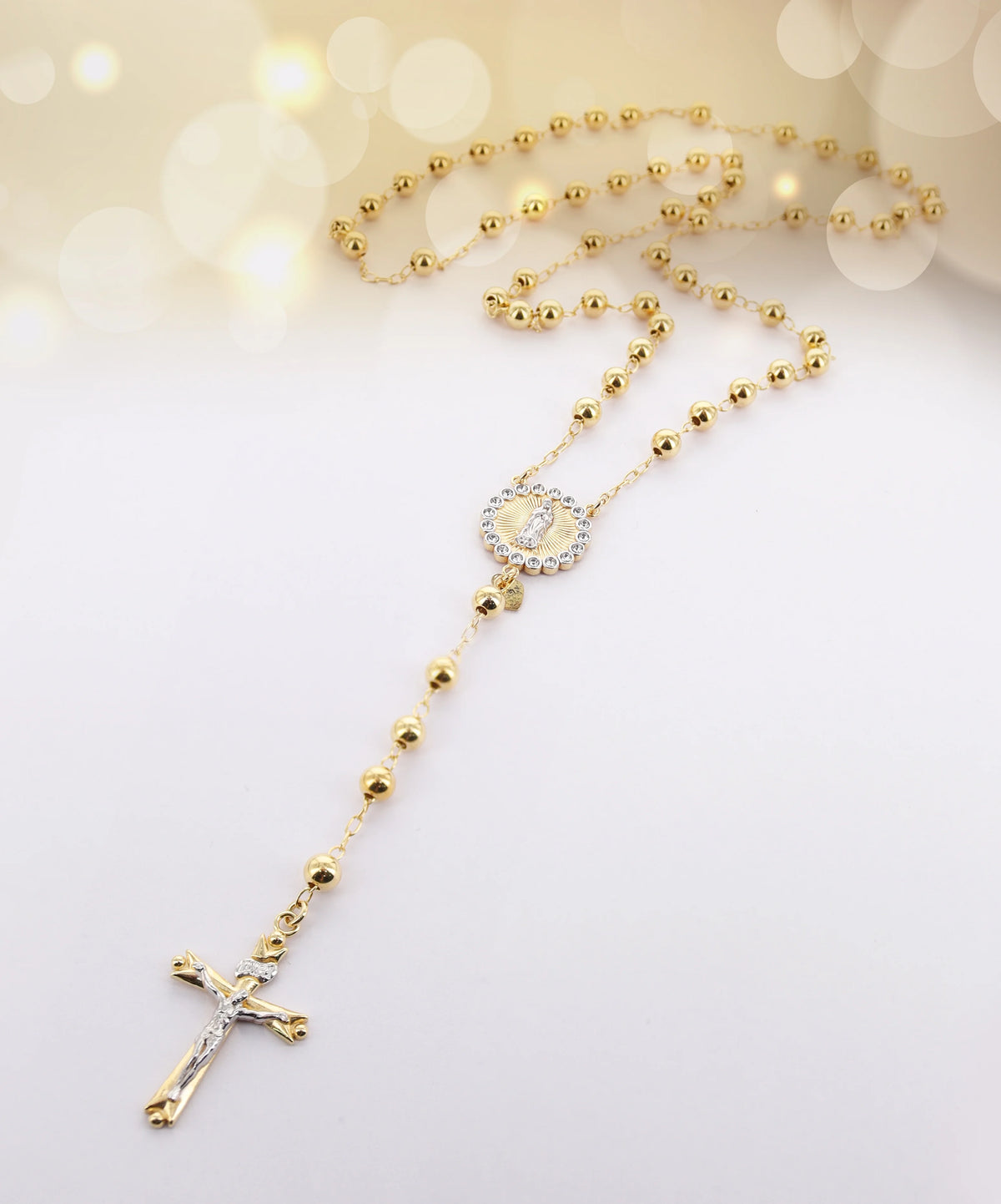 14K Gold Plated Sterling Silver Crystal Rosary Necklace 26" D19059