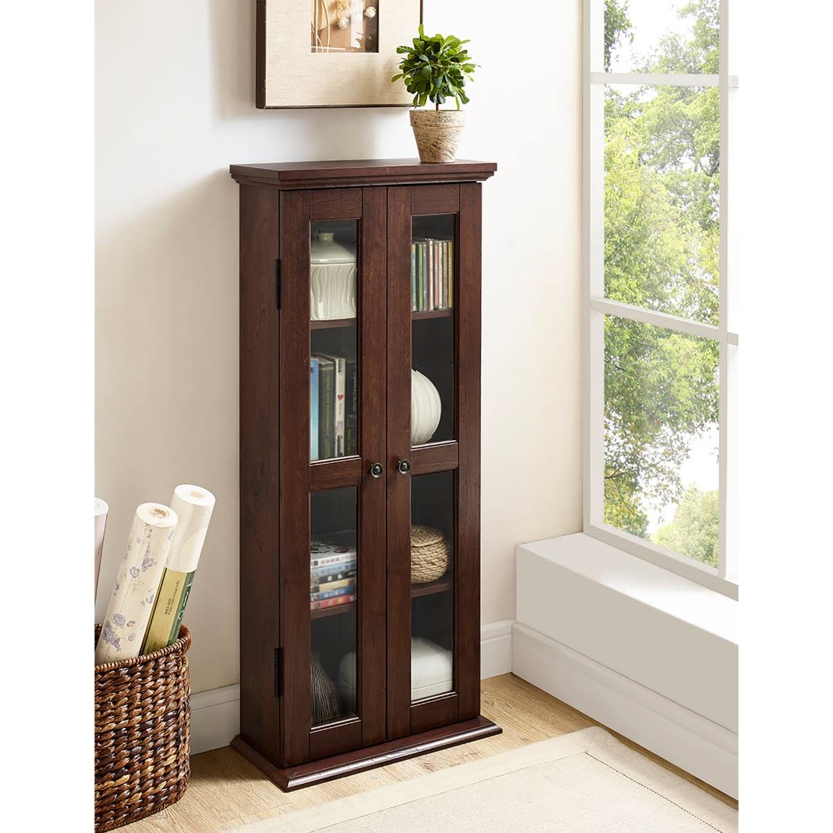 41x22 Wood Media Storage Tower Cabinet Brown Y60285