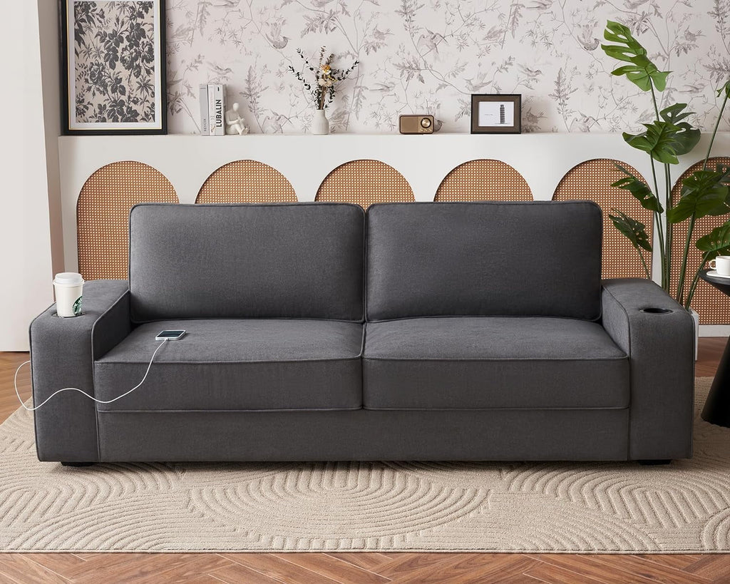 Grey Chenille Sofa with USB Charging Ports & Cup Holders B51219
