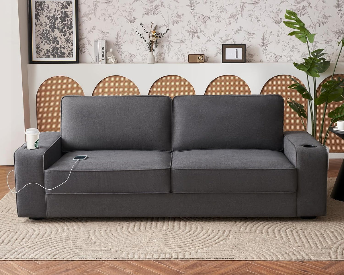 Grey Chenille Sofa with USB Charging Ports & Cup Holders B51219