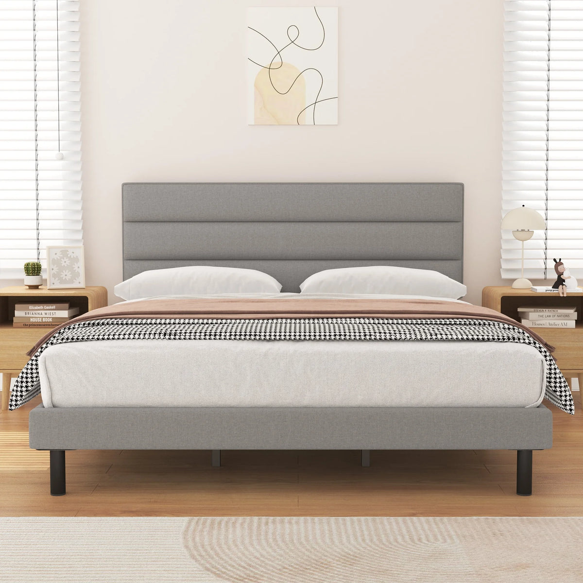 Twin Size Wingback Fabric Upholstered Platform Bed Frame B370600