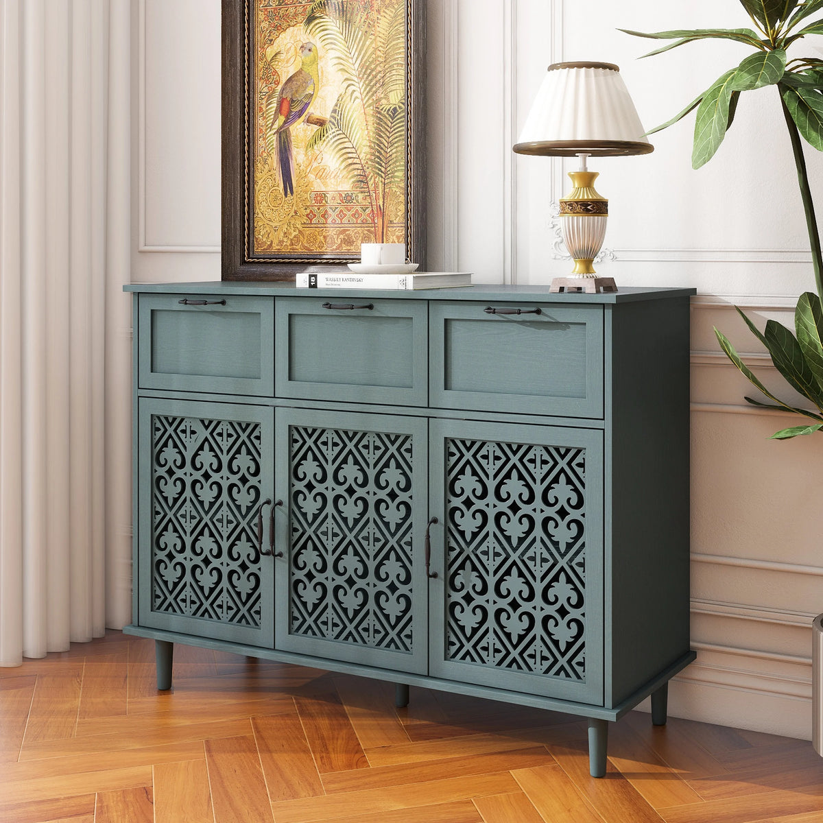 Dark Green 3 Door 3 Drawer Sideboard Storage Cabinet M685376