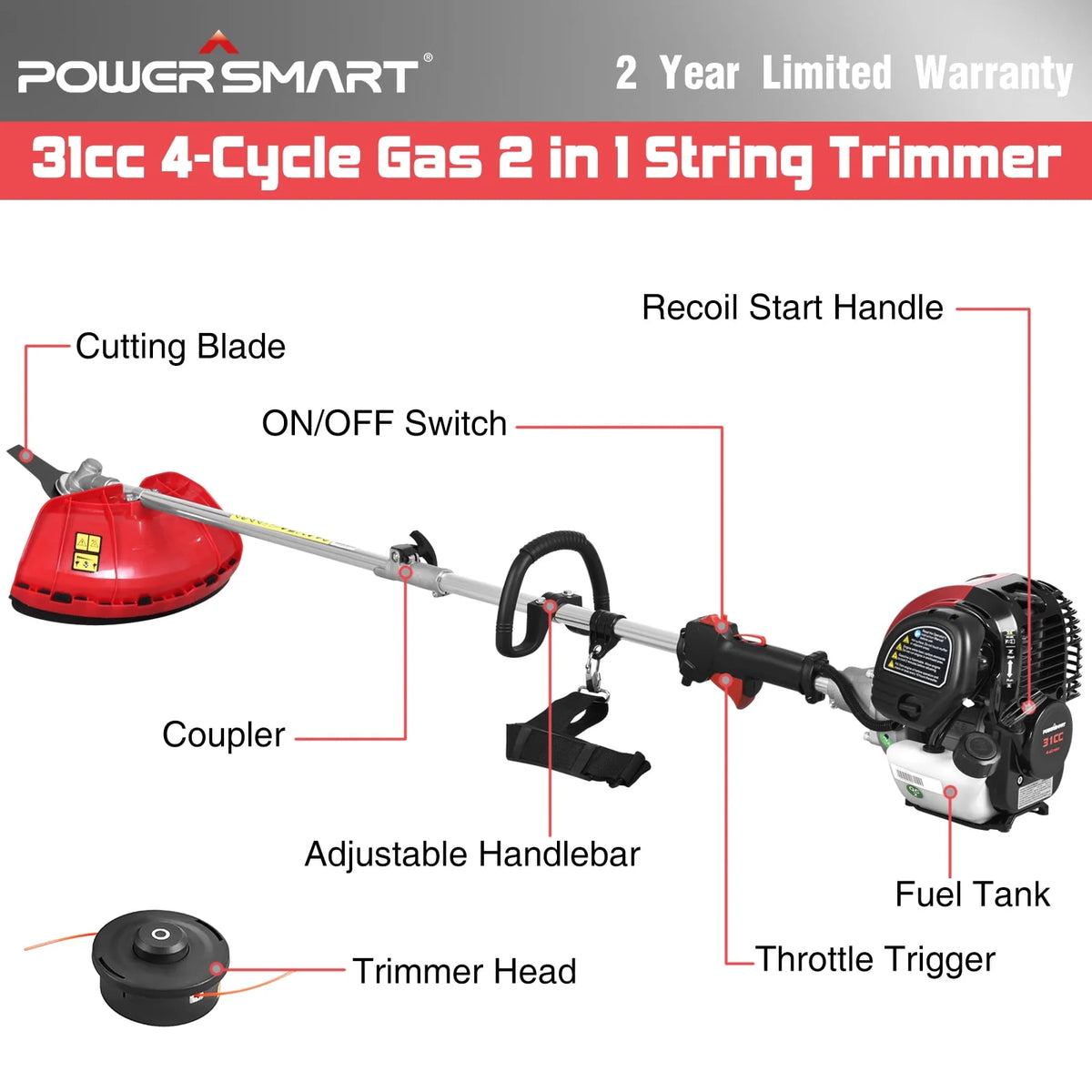 4-Cycle 31cc 15lb Straight Shaft Gas String Trimmer F8643