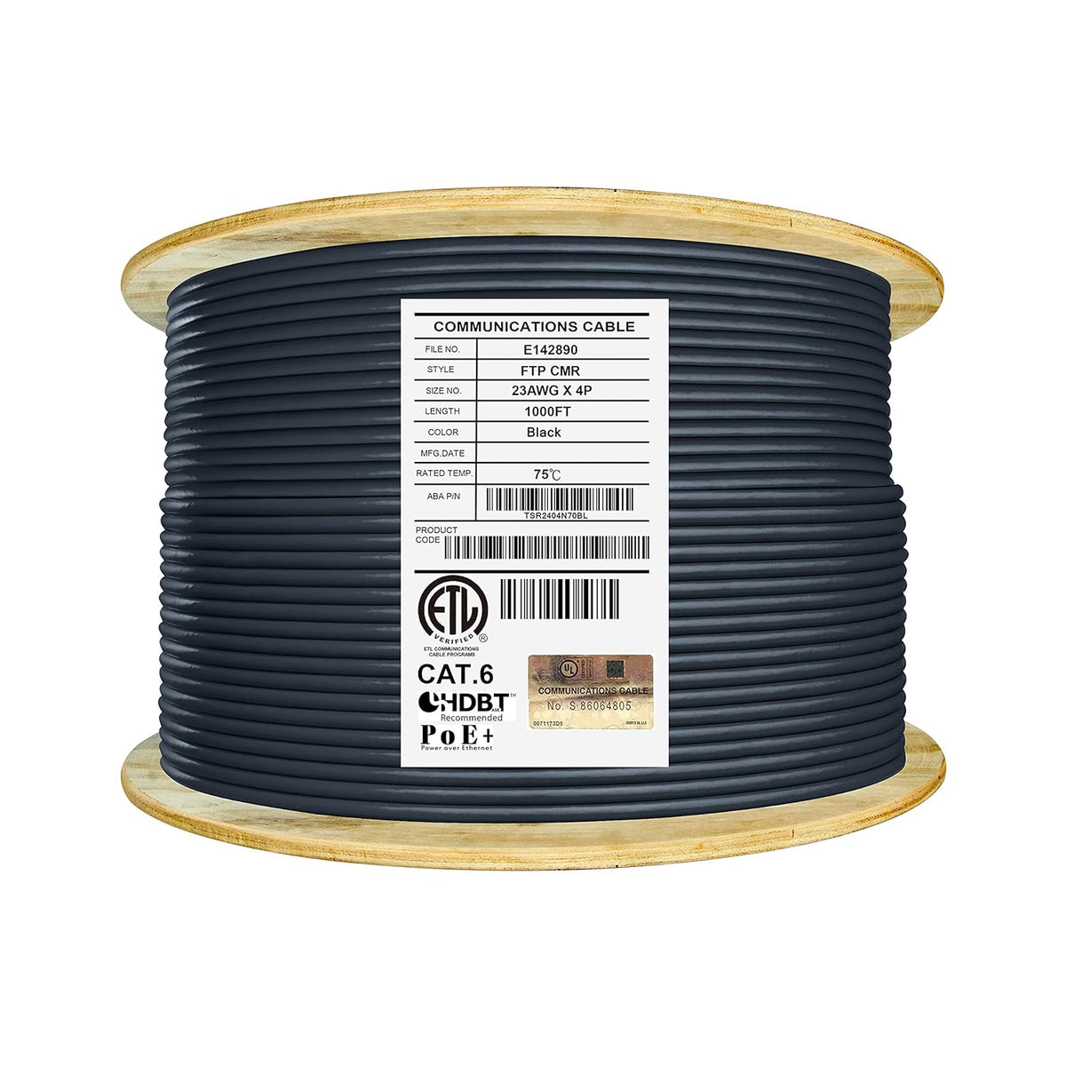 Cat6 Shielded Riser 1000ft F/UTP 23AWG Solid Bare Copper 550MHz Bulk Ethernet Cable Reel Yellow T91590