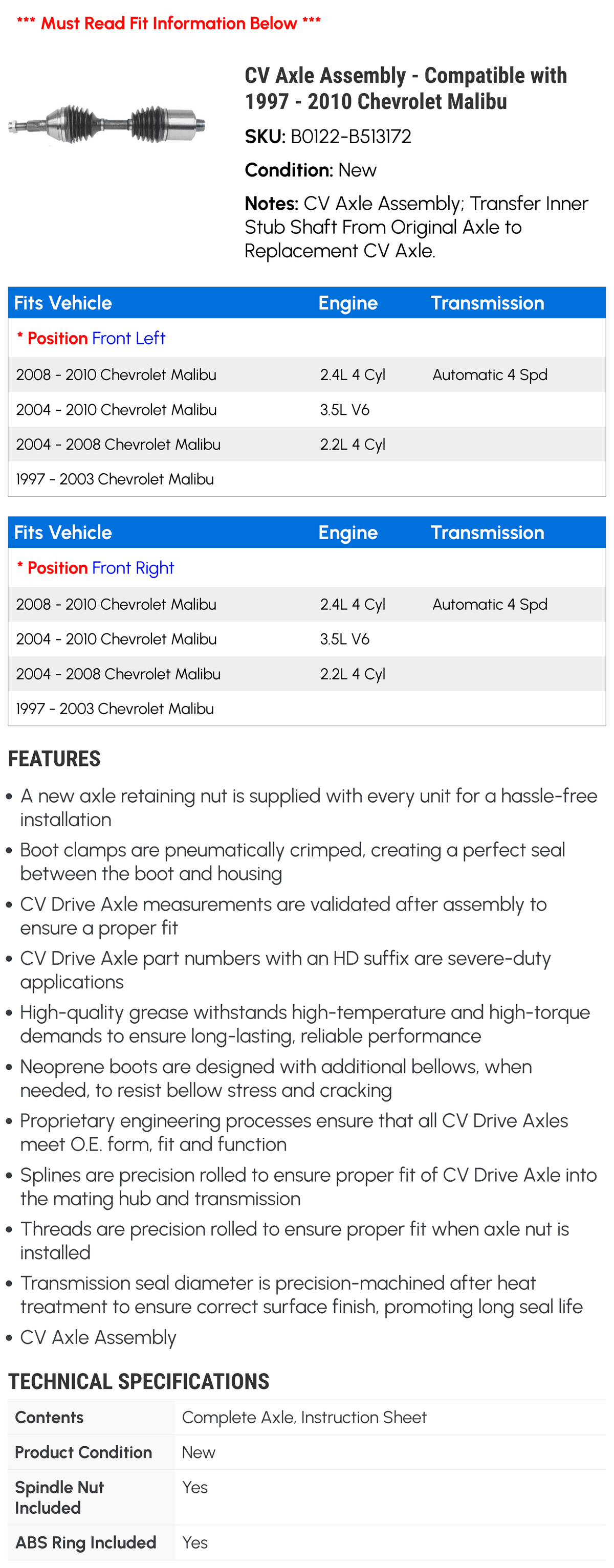 CV Axle Assembly for Chevy Malibu U523468
