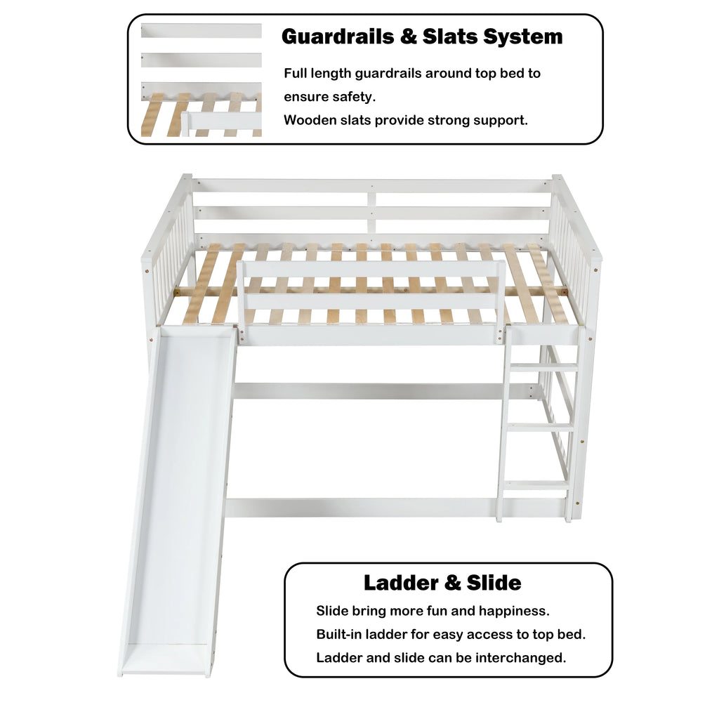 White Full over Full Wood Bunk Bed with Slide and Ladder Z99078