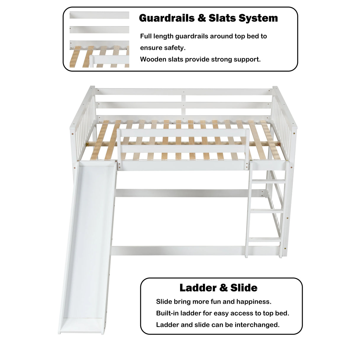White Full over Full Wood Bunk Bed with Slide and Ladder Z99078
