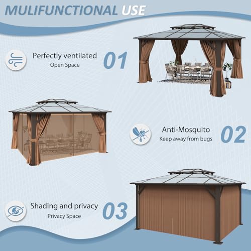 12'x14' Hardtop Gazebo with Curtains and Netting E67577
