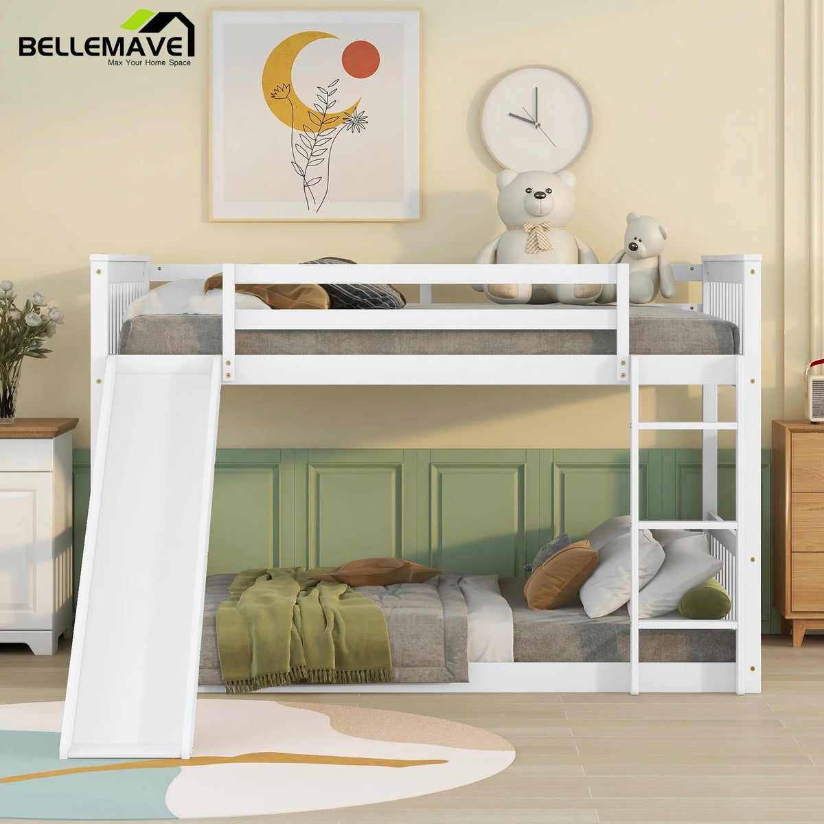 White Full over Full Wood Bunk Bed with Slide and Ladder Z99078