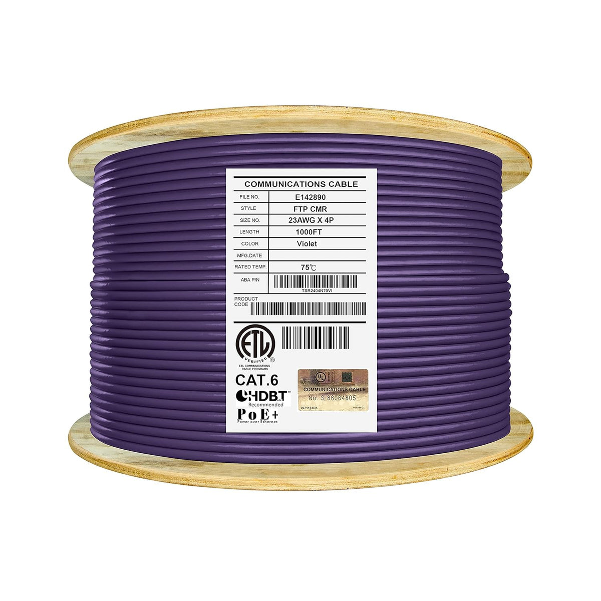 Cat6 Shielded Riser 1000ft F/UTP 23AWG Solid Bare Copper 550MHz Bulk Ethernet Cable Reel Yellow T91590