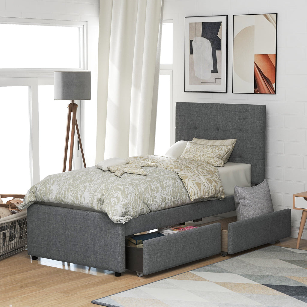 Gray Upholstered Twin Size Platform Bed with 2 Storage Drawers N658