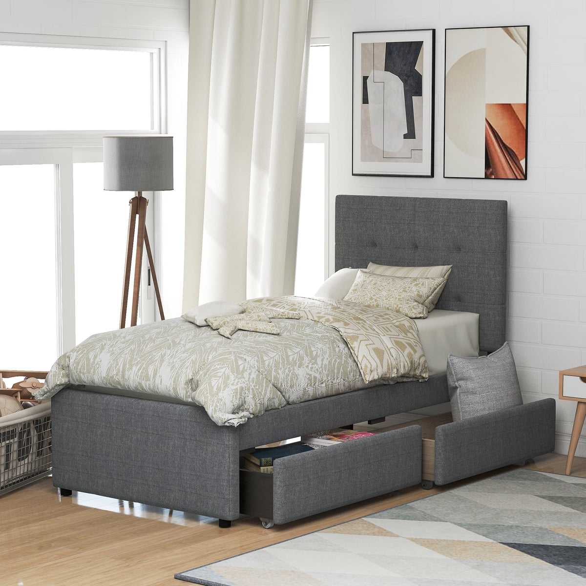 Gray Upholstered Twin Size Platform Bed with 2 Storage Drawers N658