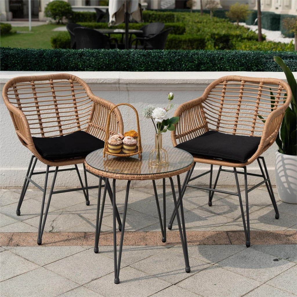 3 Piece Black PE Rattan Outdoor Wicker Bistro Set with Cushions M322627