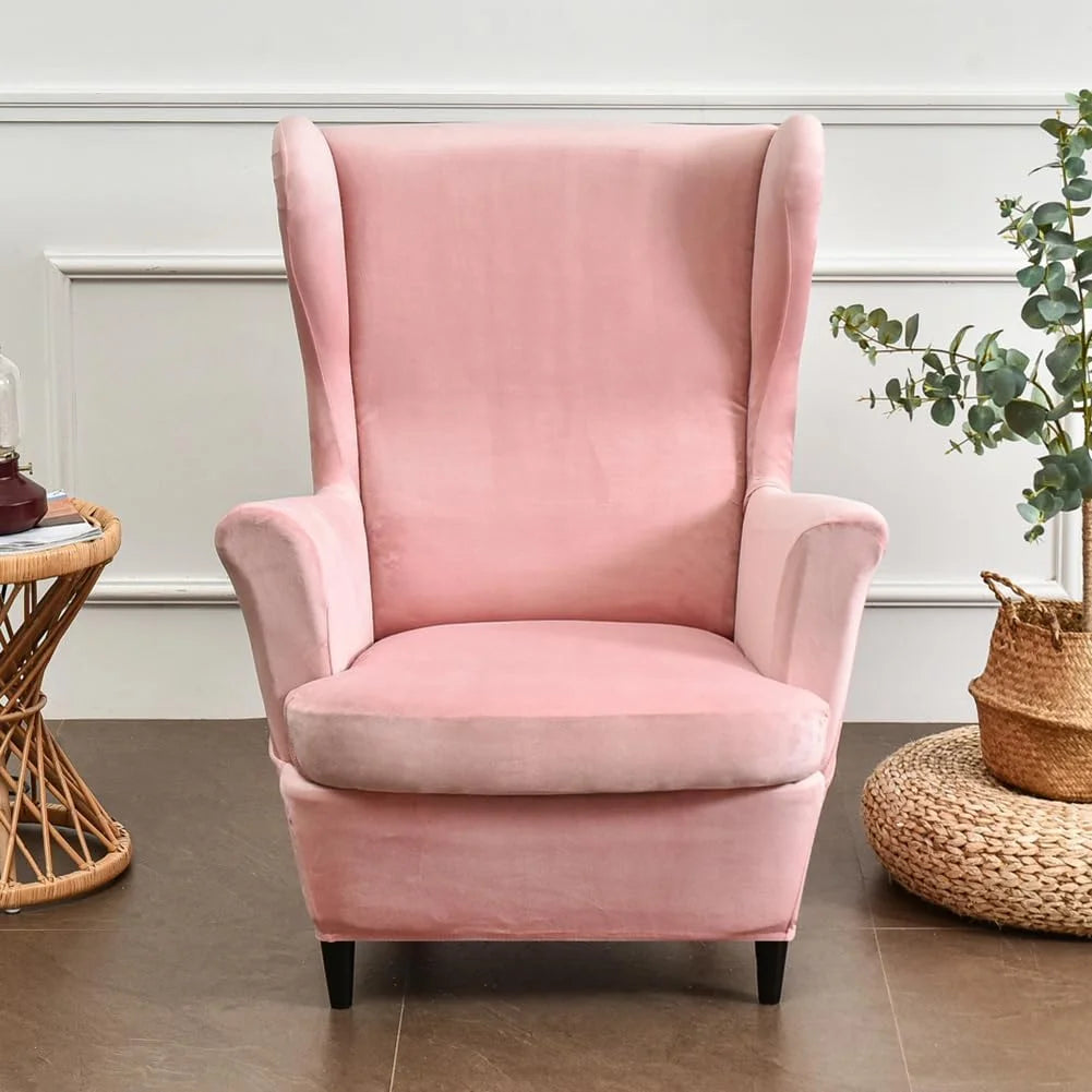 Pink Velvet Stretch Wingback Chair Sofa Slipcover with Elastic Bottom U82367