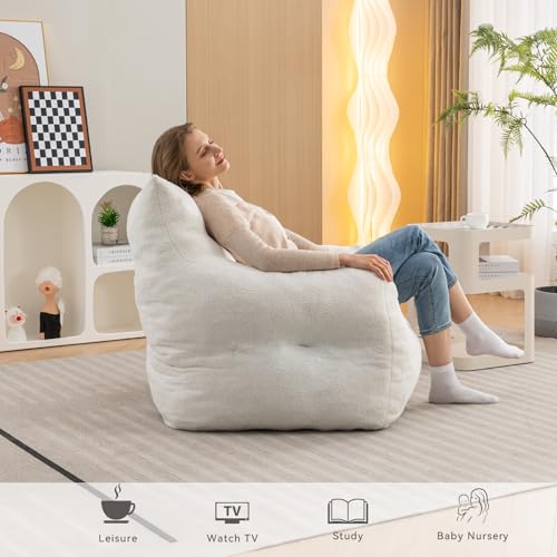 Giant Teddy Plush Bean Bag Sofa Chair with Armrests and Pocket (Ivory) F122