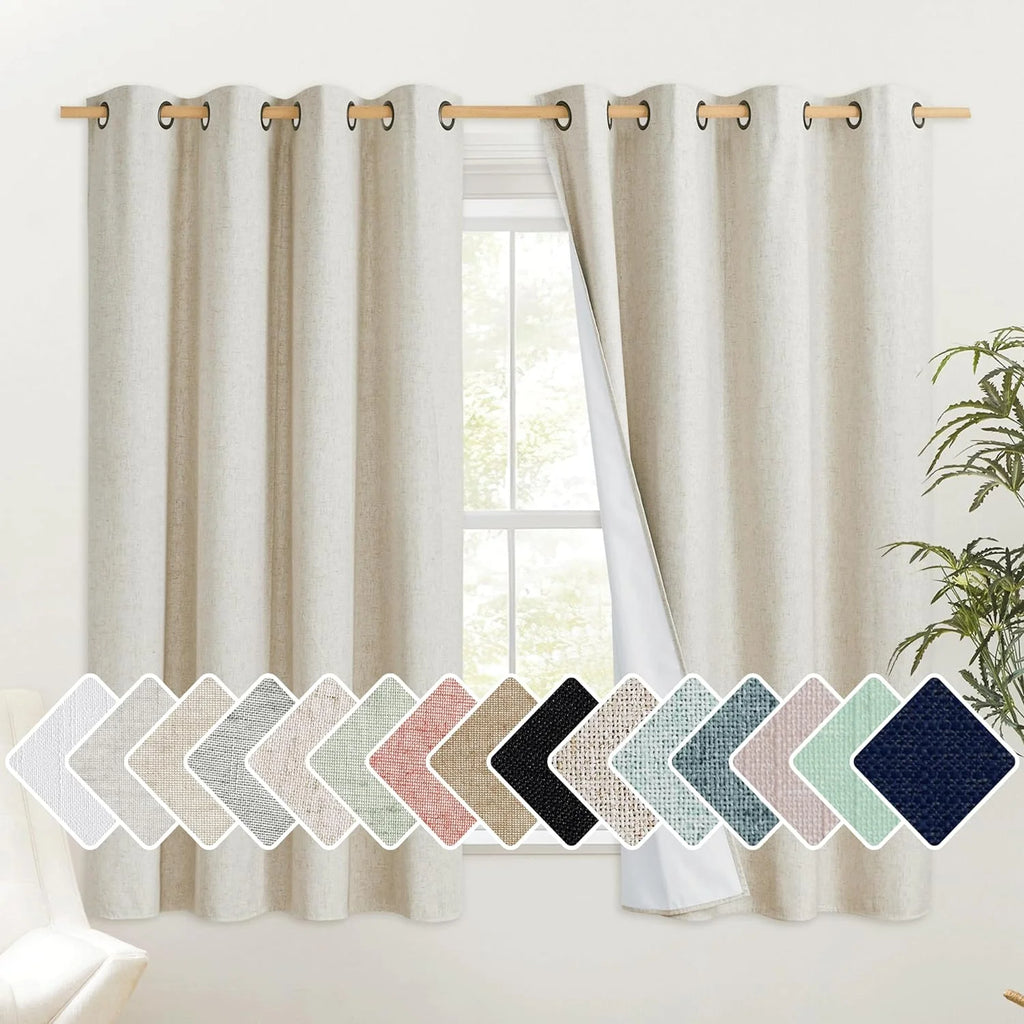 Natural 100% Blackout Linen Kitchen Curtains 63 inch 2 Panels K530861