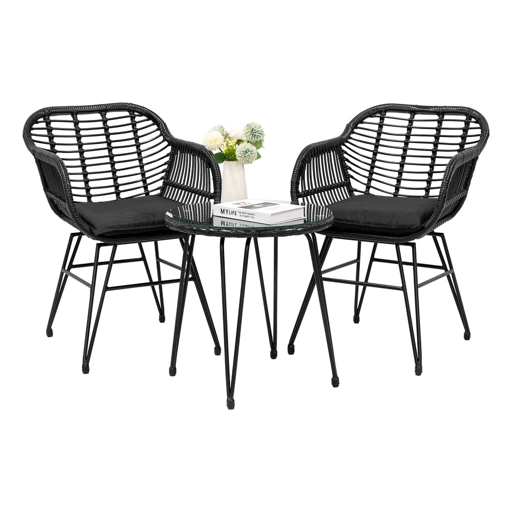 3 Piece Black PE Rattan Outdoor Wicker Bistro Set with Cushions M322627