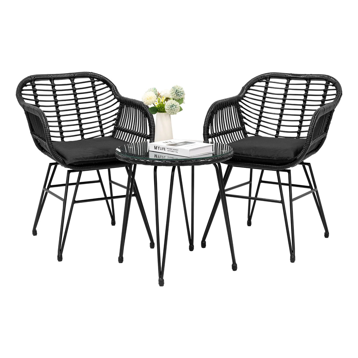 3 Piece Black PE Rattan Outdoor Wicker Bistro Set with Cushions M322627