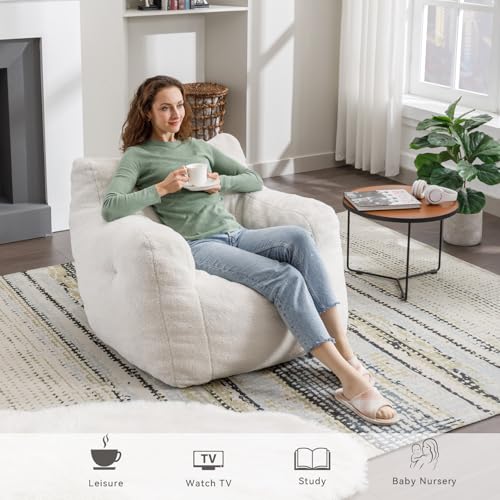Giant Teddy Plush Bean Bag Sofa Chair with Armrests and Pocket (Ivory) F122