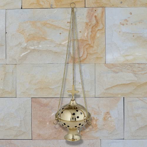 Brass Hanging Censer Incense Burner with Cross, 12 Inch Chain R441
