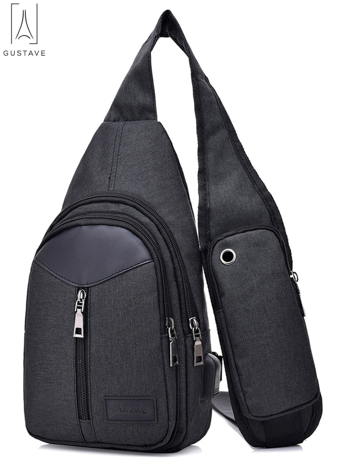 Black Nylon Chest Sling Bag with USB Charge Port U375525