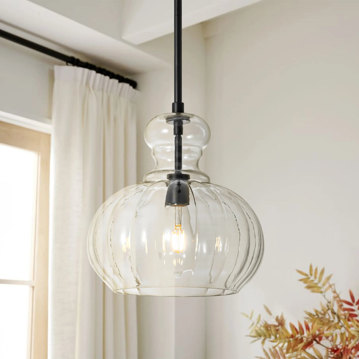 1-Light Dimmable Glass Farmhouse Pumpkin Shaded Pendant C3682