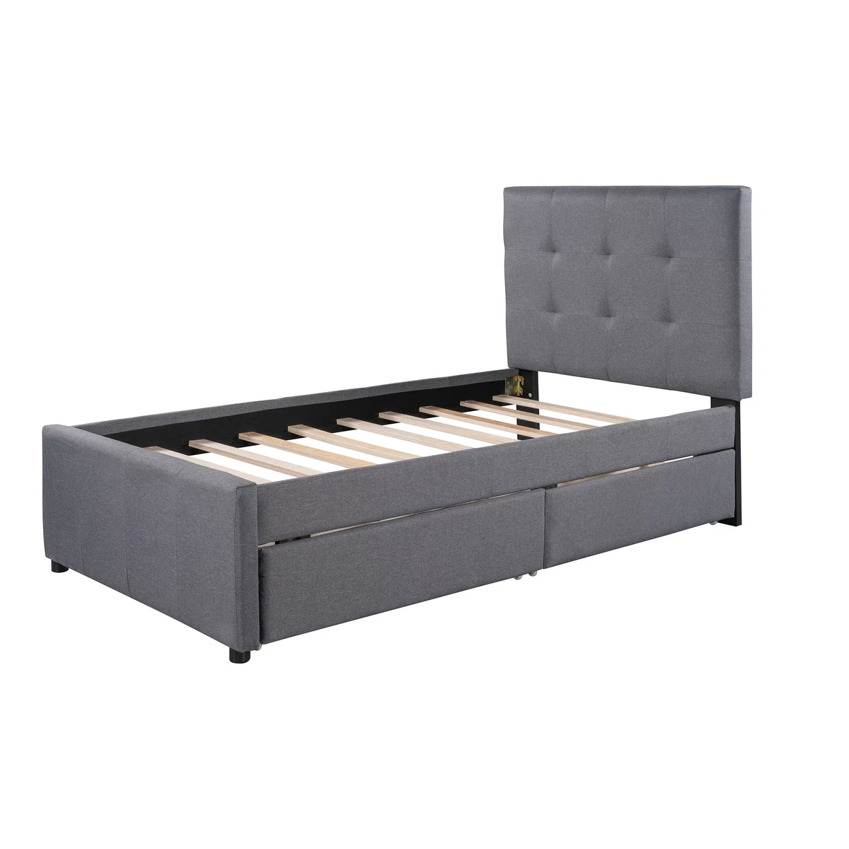 Gray Upholstered Twin Size Platform Bed with 2 Storage Drawers N658