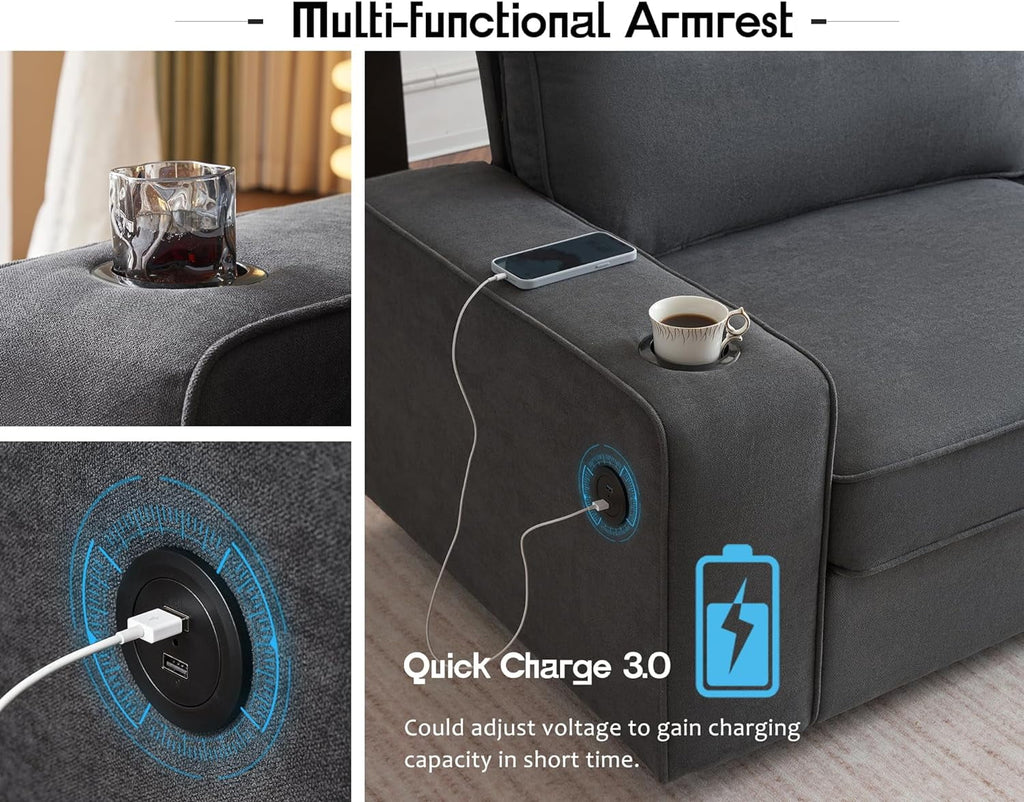Grey Chenille Sofa with USB Charging Ports & Cup Holders B51219