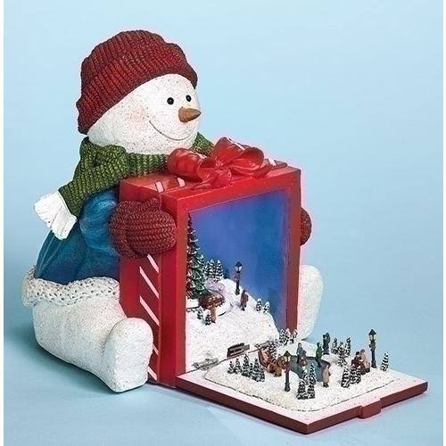 Red and White Pre-Lit Musical Snowman Holding Gift Rotating Train Christmas Tabletop Decor R49330