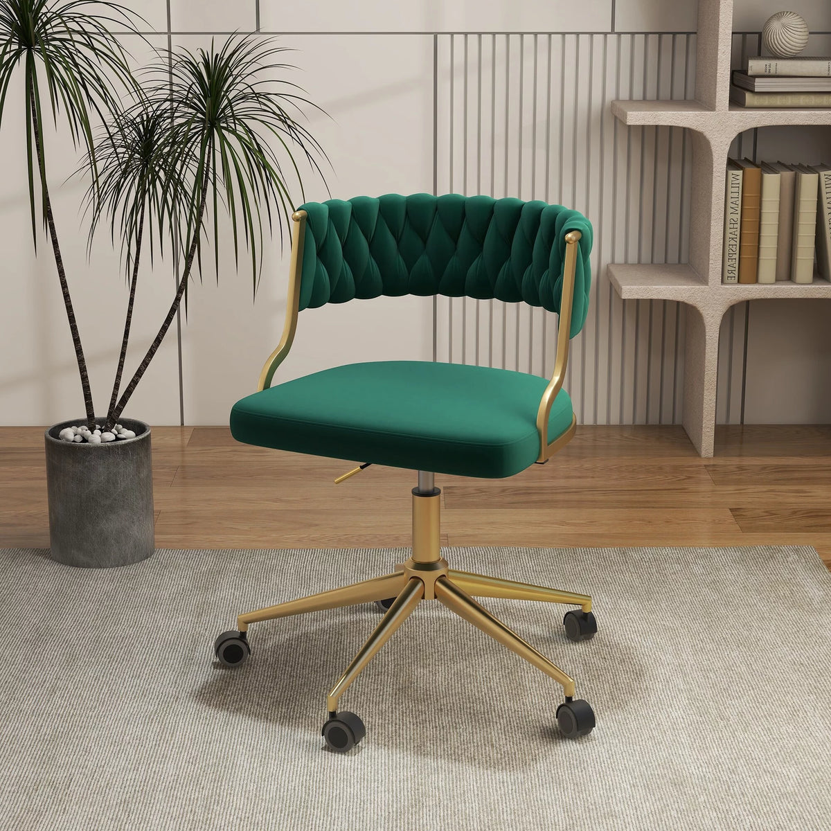 Velvet Office Desk Chair with Hand Woven Backrest Q291565